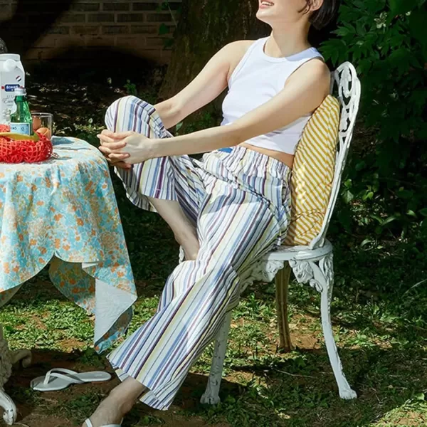 imagechouyatou Womens Wide Leg Striped Pants High Elastic Waisted Wide Leg Palazzo Pants with PocketsMulticolored Stripes