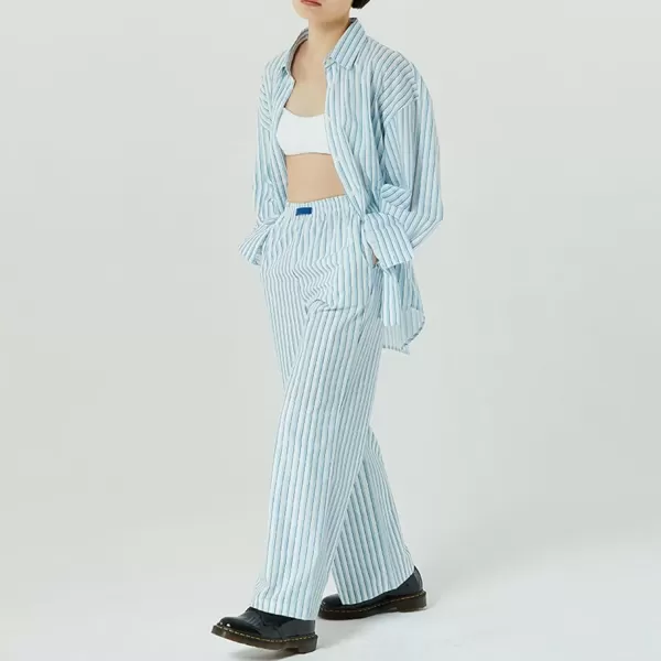imagechouyatou Womens Wide Leg Striped Pants High Elastic Waisted Wide Leg Palazzo Pants with PocketsSky Blue