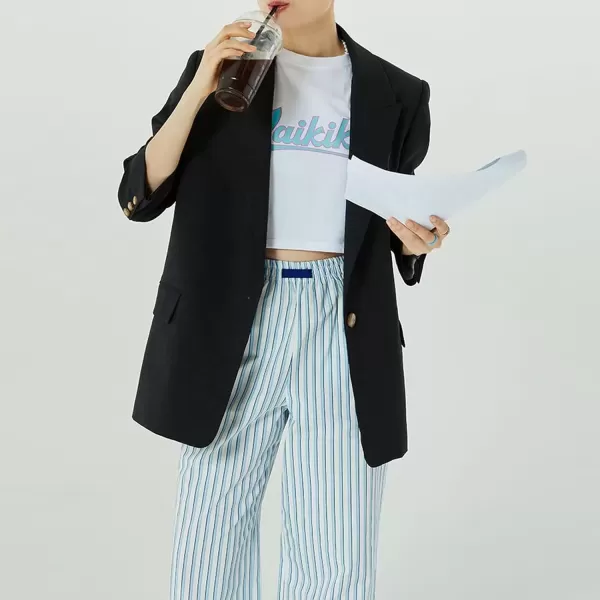 imagechouyatou Womens Wide Leg Striped Pants High Elastic Waisted Wide Leg Palazzo Pants with PocketsSky Blue