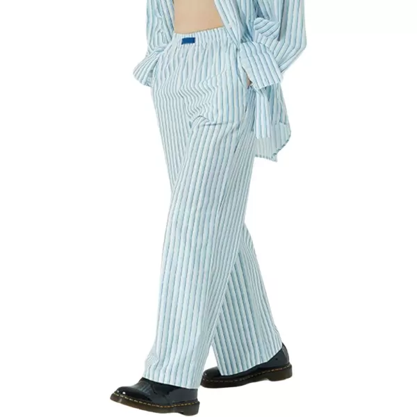 imagechouyatou Womens Wide Leg Striped Pants High Elastic Waisted Wide Leg Palazzo Pants with PocketsSky Blue