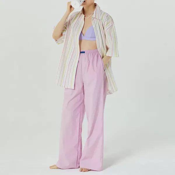 imagechouyatou Womens Wide Leg Striped Pants High Elastic Waisted Wide Leg Palazzo Pants with PocketsSolid Pink
