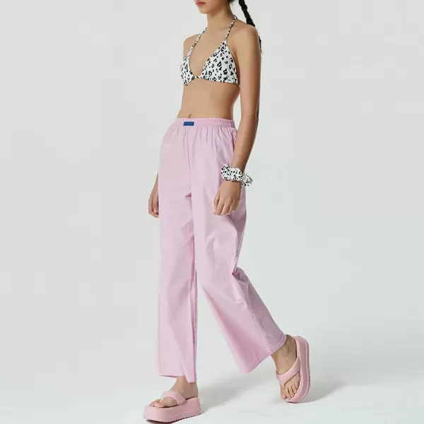 imagechouyatou Womens Wide Leg Striped Pants High Elastic Waisted Wide Leg Palazzo Pants with PocketsSolid Pink