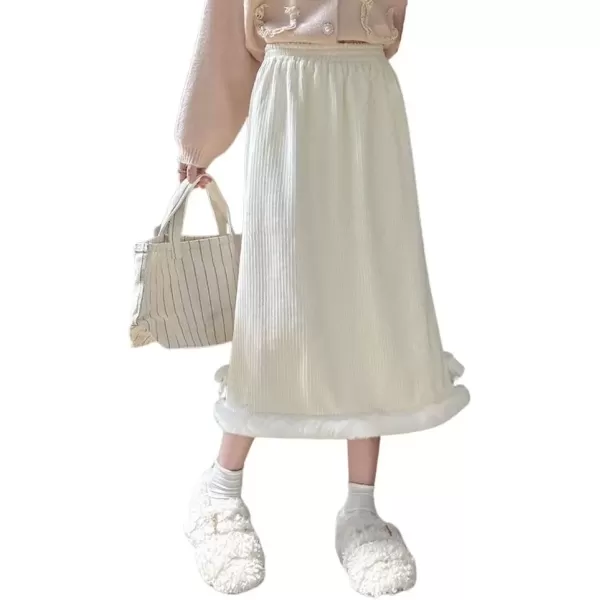 imagechouyatou Womens Winter Faux Fur Hem Corduroy Skirt Elastic Waist Back Slit Corduroy Midi Long SkirtBeige White
