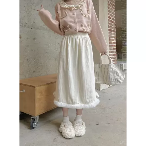 imagechouyatou Womens Winter Faux Fur Hem Corduroy Skirt Elastic Waist Back Slit Corduroy Midi Long SkirtBeige White