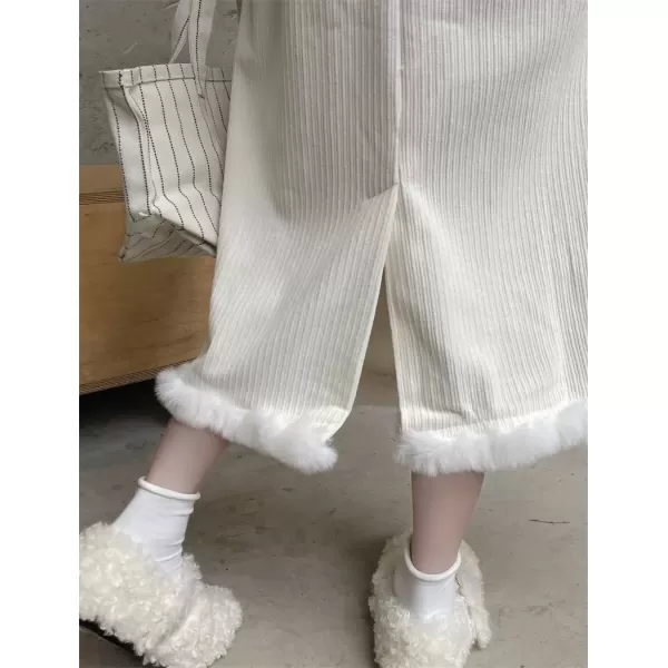 imagechouyatou Womens Winter Faux Fur Hem Corduroy Skirt Elastic Waist Back Slit Corduroy Midi Long SkirtBeige White