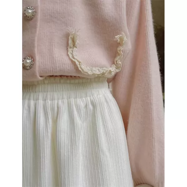 imagechouyatou Womens Winter Faux Fur Hem Corduroy Skirt Elastic Waist Back Slit Corduroy Midi Long SkirtBeige White