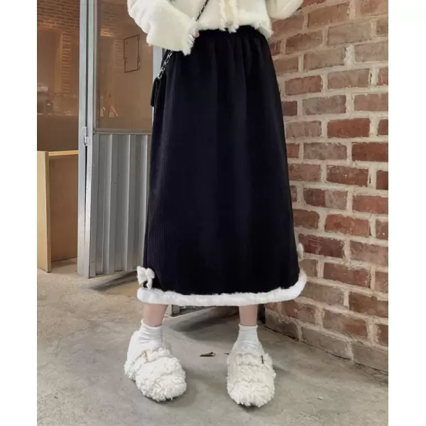 imagechouyatou Womens Winter Faux Fur Hem Corduroy Skirt Elastic Waist Back Slit Corduroy Midi Long SkirtBlack