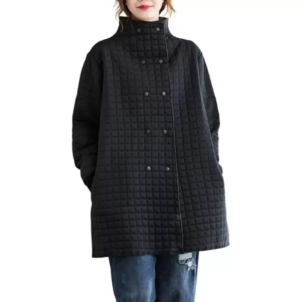 imagechouyatou Womens Winter Lightweight Double Breasted Diamond Cotton Quilted Jacket with PocketsBlack