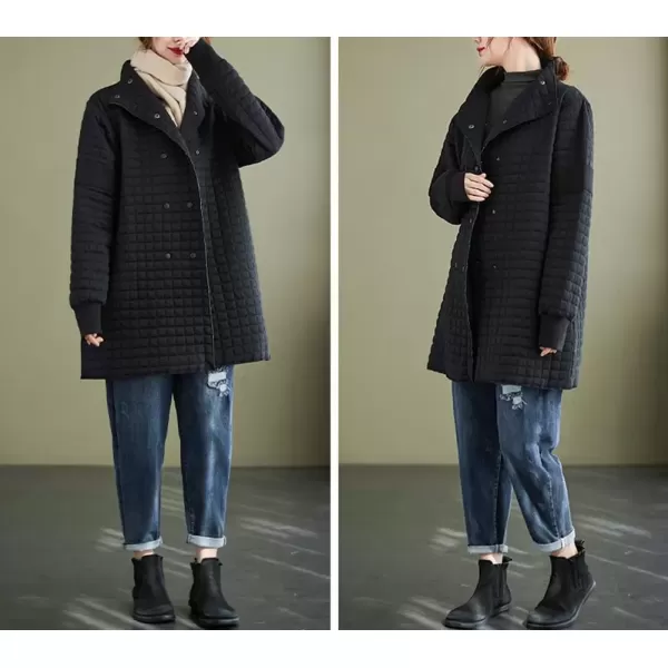 imagechouyatou Womens Winter Lightweight Double Breasted Diamond Cotton Quilted Jacket with PocketsBlack