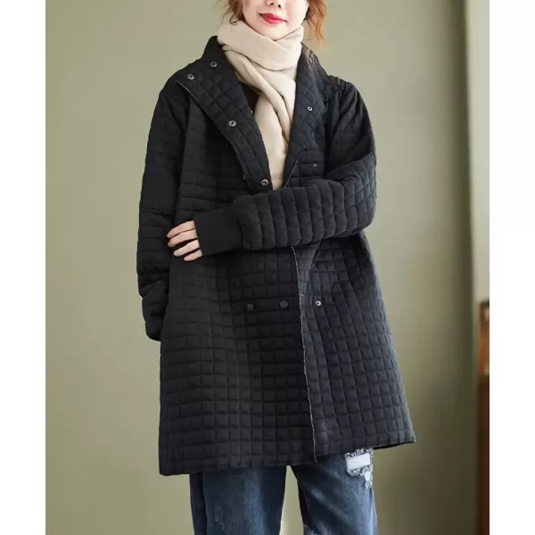 imagechouyatou Womens Winter Lightweight Double Breasted Diamond Cotton Quilted Jacket with PocketsBlack