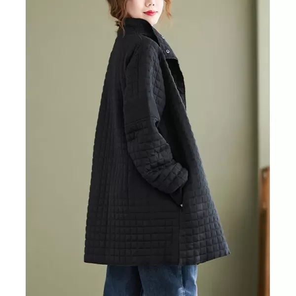 imagechouyatou Womens Winter Lightweight Double Breasted Diamond Cotton Quilted Jacket with PocketsBlack