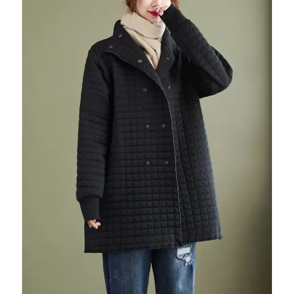 imagechouyatou Womens Winter Lightweight Double Breasted Diamond Cotton Quilted Jacket with PocketsBlack