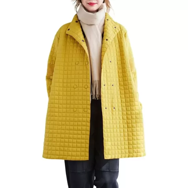 imagechouyatou Womens Winter Lightweight Double Breasted Diamond Cotton Quilted Jacket with PocketsYellow