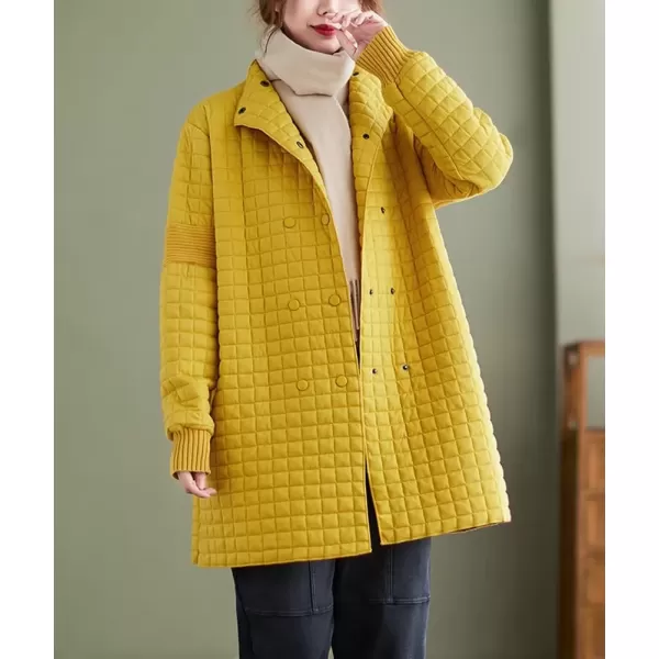 imagechouyatou Womens Winter Lightweight Double Breasted Diamond Cotton Quilted Jacket with PocketsYellow