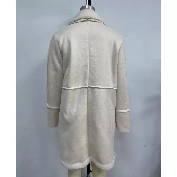 imagechouyatou Womens Winter Sherpa Fleece Spliced Notch Lapel Double Breasted Faux Suede Leather Jacket Trench CoatBeige Apricot