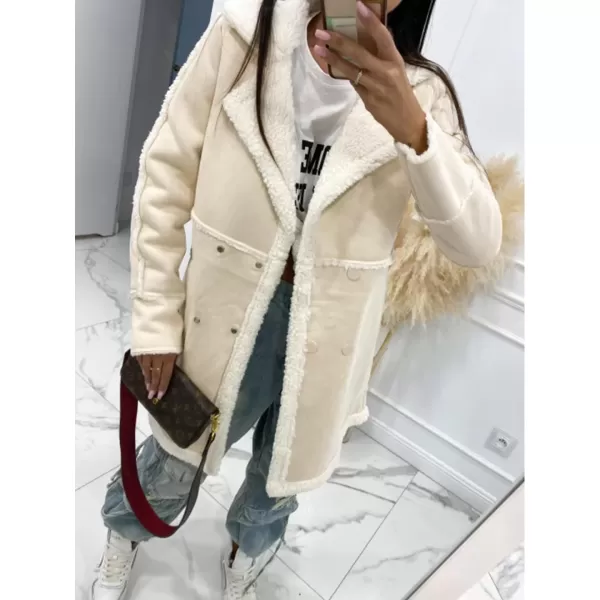 imagechouyatou Womens Winter Sherpa Fleece Spliced Notch Lapel Double Breasted Faux Suede Leather Jacket Trench CoatBeige Apricot