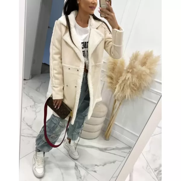 imagechouyatou Womens Winter Sherpa Fleece Spliced Notch Lapel Double Breasted Faux Suede Leather Jacket Trench CoatBeige Apricot