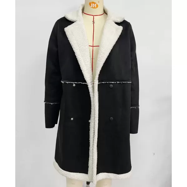 imagechouyatou Womens Winter Sherpa Fleece Spliced Notch Lapel Double Breasted Faux Suede Leather Jacket Trench CoatBlack