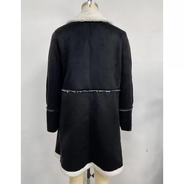 imagechouyatou Womens Winter Sherpa Fleece Spliced Notch Lapel Double Breasted Faux Suede Leather Jacket Trench CoatBlack