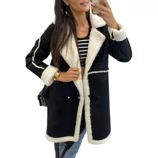 imagechouyatou Womens Winter Sherpa Fleece Spliced Notch Lapel Double Breasted Faux Suede Leather Jacket Trench CoatBlack