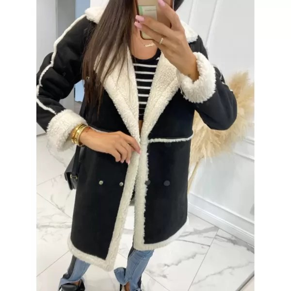 imagechouyatou Womens Winter Sherpa Fleece Spliced Notch Lapel Double Breasted Faux Suede Leather Jacket Trench CoatBlack