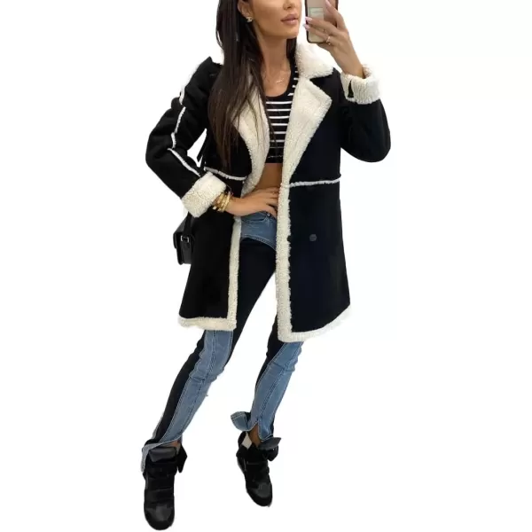 imagechouyatou Womens Winter Sherpa Fleece Spliced Notch Lapel Double Breasted Faux Suede Leather Jacket Trench CoatBlack