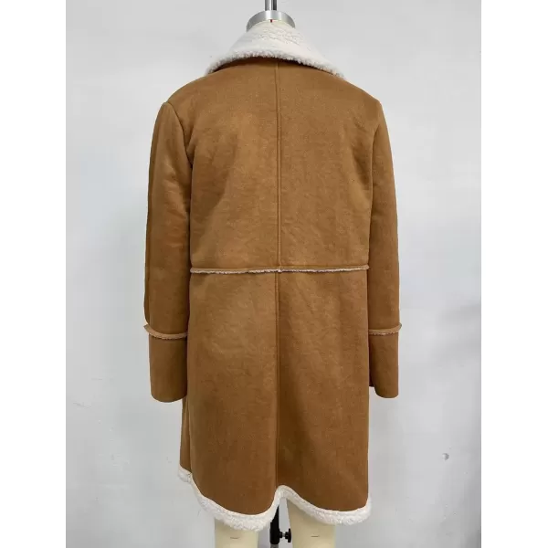 imagechouyatou Womens Winter Sherpa Fleece Spliced Notch Lapel Double Breasted Faux Suede Leather Jacket Trench CoatCamel Brown