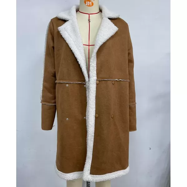 imagechouyatou Womens Winter Sherpa Fleece Spliced Notch Lapel Double Breasted Faux Suede Leather Jacket Trench CoatCamel Brown