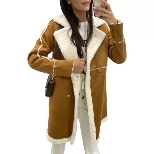 imagechouyatou Womens Winter Sherpa Fleece Spliced Notch Lapel Double Breasted Faux Suede Leather Jacket Trench CoatCamel Brown