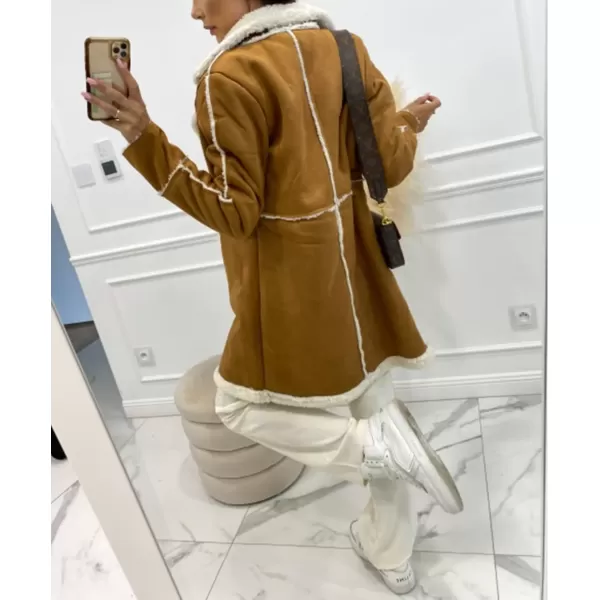 imagechouyatou Womens Winter Sherpa Fleece Spliced Notch Lapel Double Breasted Faux Suede Leather Jacket Trench CoatCamel Brown