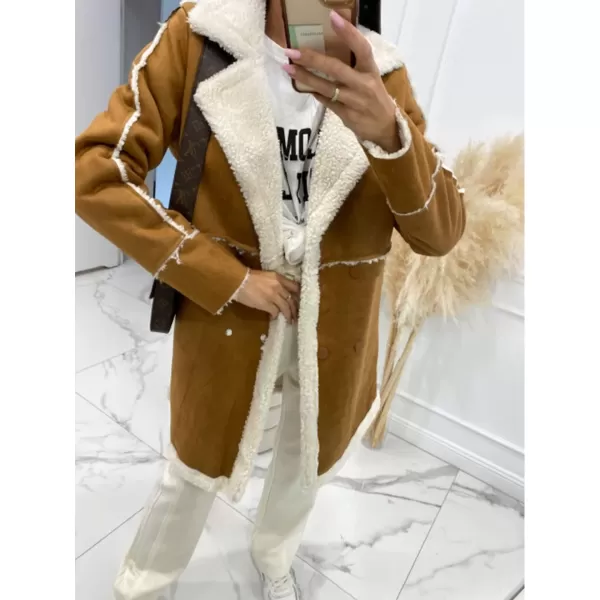 imagechouyatou Womens Winter Sherpa Fleece Spliced Notch Lapel Double Breasted Faux Suede Leather Jacket Trench CoatCamel Brown