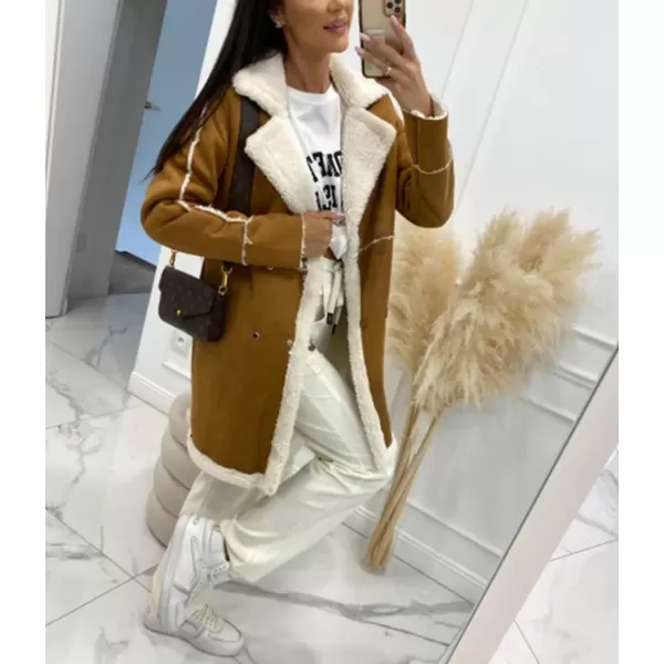 imagechouyatou Womens Winter Sherpa Fleece Spliced Notch Lapel Double Breasted Faux Suede Leather Jacket Trench CoatCamel Brown