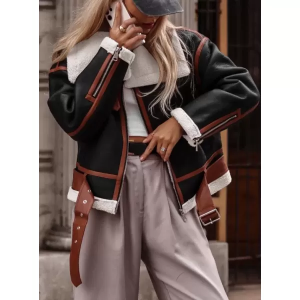 imagechouyatou Womens Winter Sherpa Lined Faux Leather Jacket Patchwork Motorcycle Oversized Coat with BeltBlack