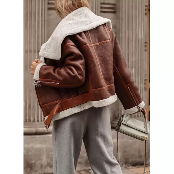 imagechouyatou Womens Winter Sherpa Lined Faux Leather Jacket Patchwork Motorcycle Oversized Coat with BeltBrown
