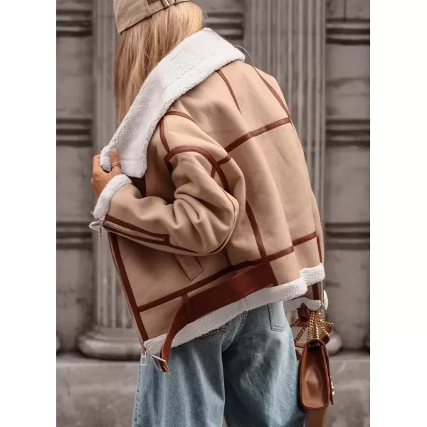 imagechouyatou Womens Winter Sherpa Lined Faux Leather Jacket Patchwork Motorcycle Oversized Coat with BeltLight Khaki