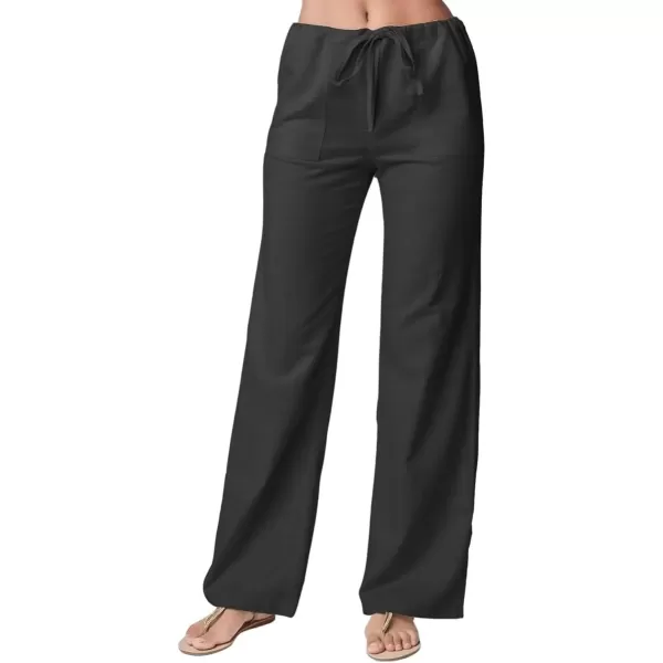 imagechouyatou Womens Casual Elastic Drawstring Waist Pant Straight Leg Palazzo Pants Trousers with PocketsBlack