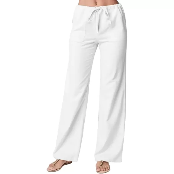 imagechouyatou Womens Casual Elastic Drawstring Waist Pant Straight Leg Palazzo Pants Trousers with PocketsWhite