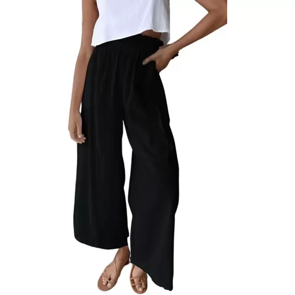 imagechouyatou Womens Casual Elastic Waist Beach Lounge Palazzo Wide Leg Linen PantsBlack