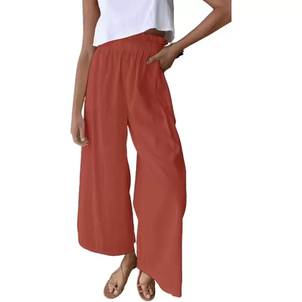 imagechouyatou Womens Casual Elastic Waist Beach Lounge Palazzo Wide Leg Linen PantsBrick Red