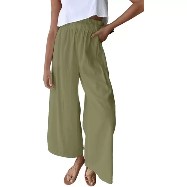 imagechouyatou Womens Casual Elastic Waist Beach Lounge Palazzo Wide Leg Linen PantsGreen