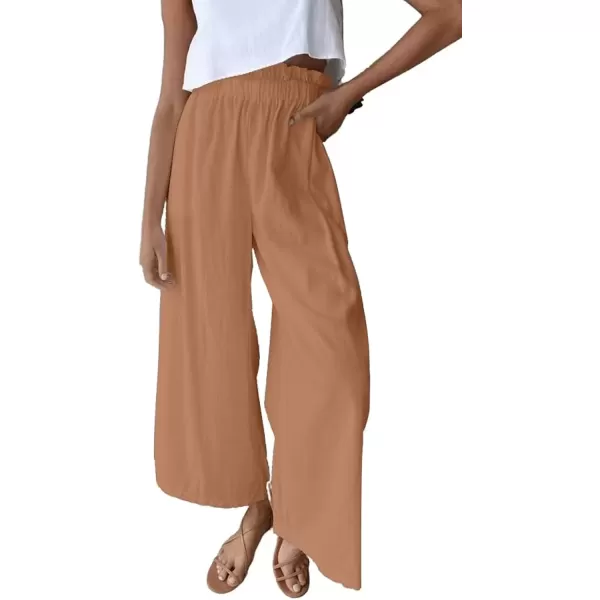 imagechouyatou Womens Casual Elastic Waist Beach Lounge Palazzo Wide Leg Linen PantsKhaki