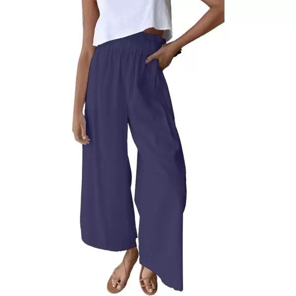 imagechouyatou Womens Casual Elastic Waist Beach Lounge Palazzo Wide Leg Linen PantsNavy Blue