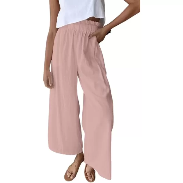 imagechouyatou Womens Casual Elastic Waist Beach Lounge Palazzo Wide Leg Linen PantsPink