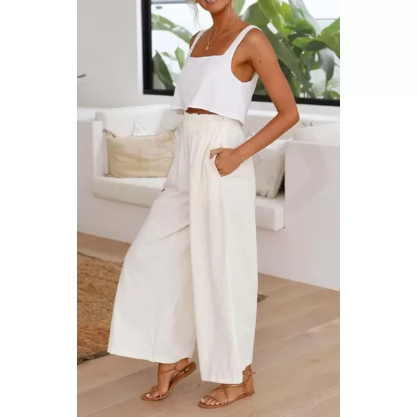 imagechouyatou Womens Casual Elastic Waist Beach Lounge Palazzo Wide Leg Linen PantsWhite