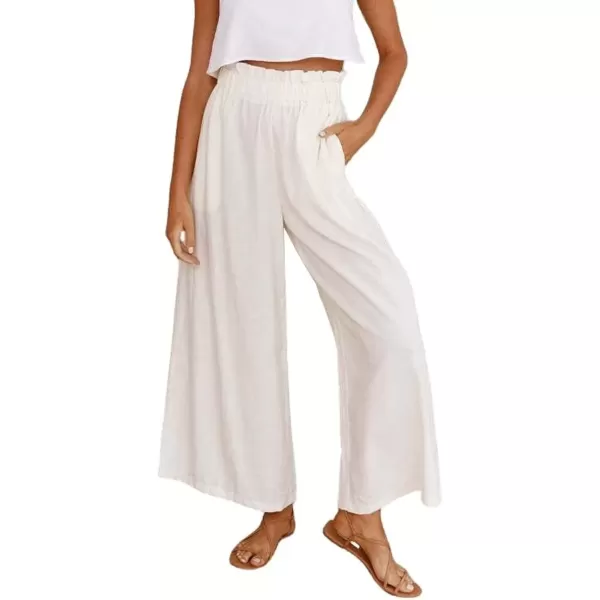 imagechouyatou Womens Casual Elastic Waist Beach Lounge Palazzo Wide Leg Linen PantsWhite