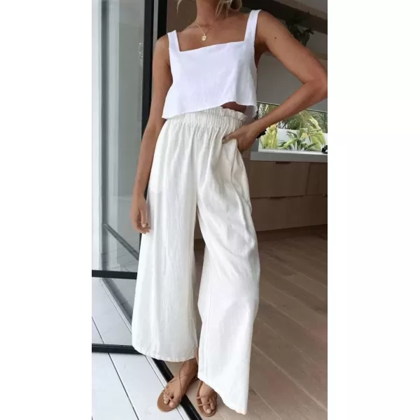 imagechouyatou Womens Casual Elastic Waist Beach Lounge Palazzo Wide Leg Linen PantsWhite