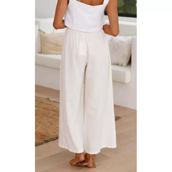 imagechouyatou Womens Casual Elastic Waist Beach Lounge Palazzo Wide Leg Linen PantsWhite