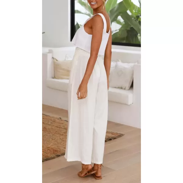 imagechouyatou Womens Casual Elastic Waist Beach Lounge Palazzo Wide Leg Linen PantsWhite