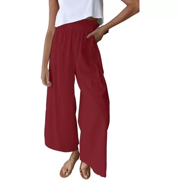 imagechouyatou Womens Casual Elastic Waist Beach Lounge Palazzo Wide Leg Linen PantsWine Red