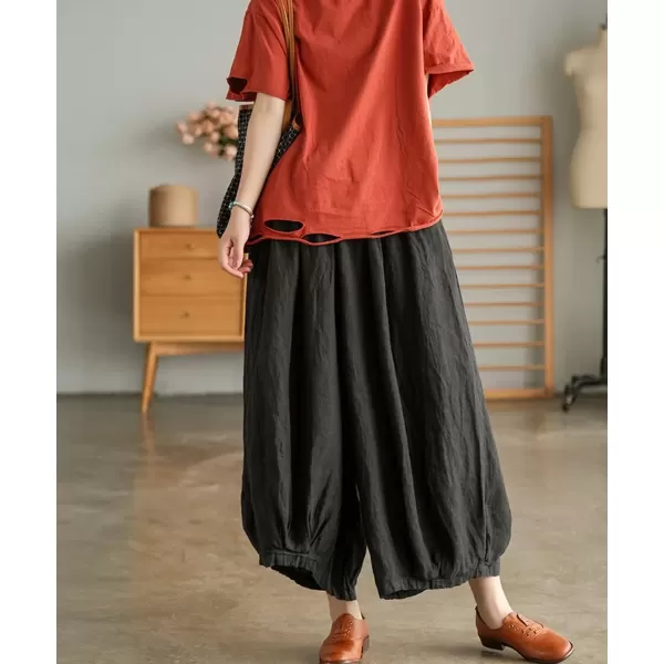 imagechouyatou Womens Casual Elastic Waist Wide Leg Palazzo Cotton Linen Pants Baggy CulottesBlack